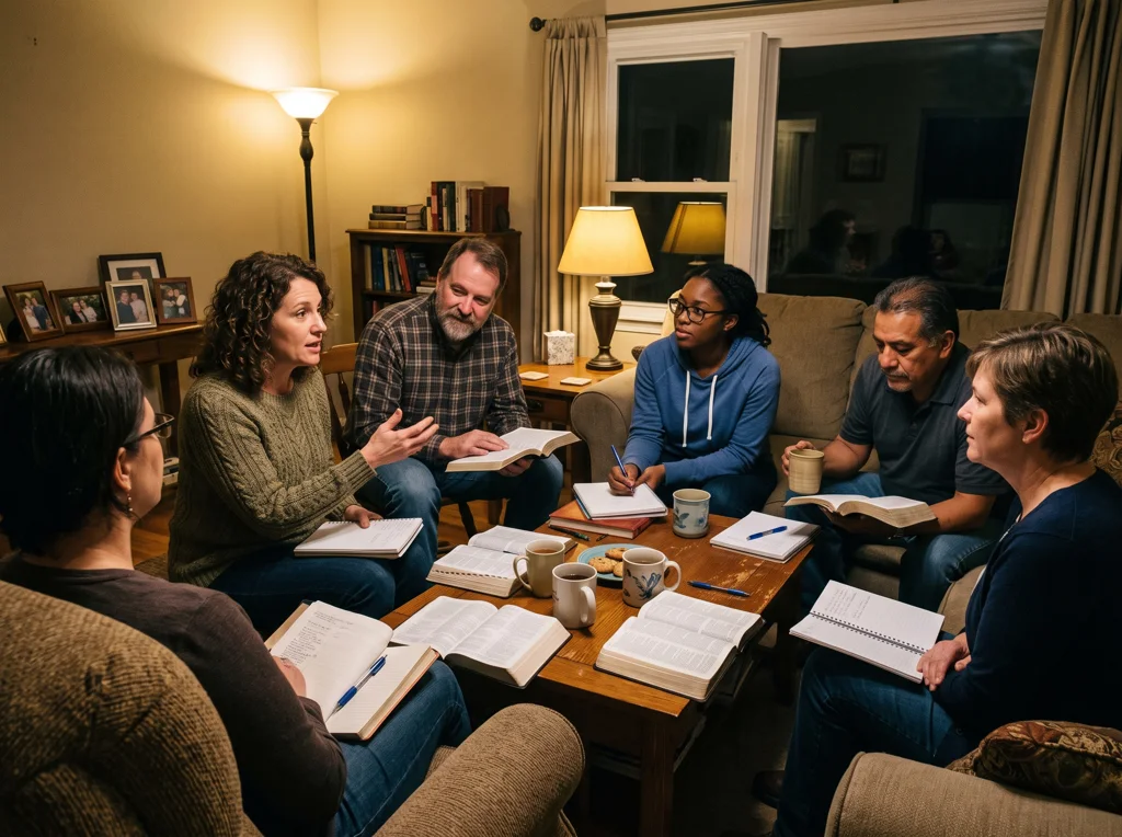 A small group Bible study in a living room