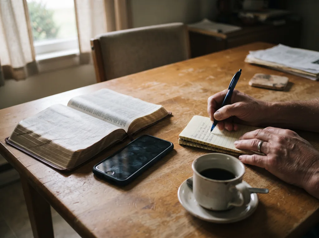 An open Bible next to a phone in the morning
