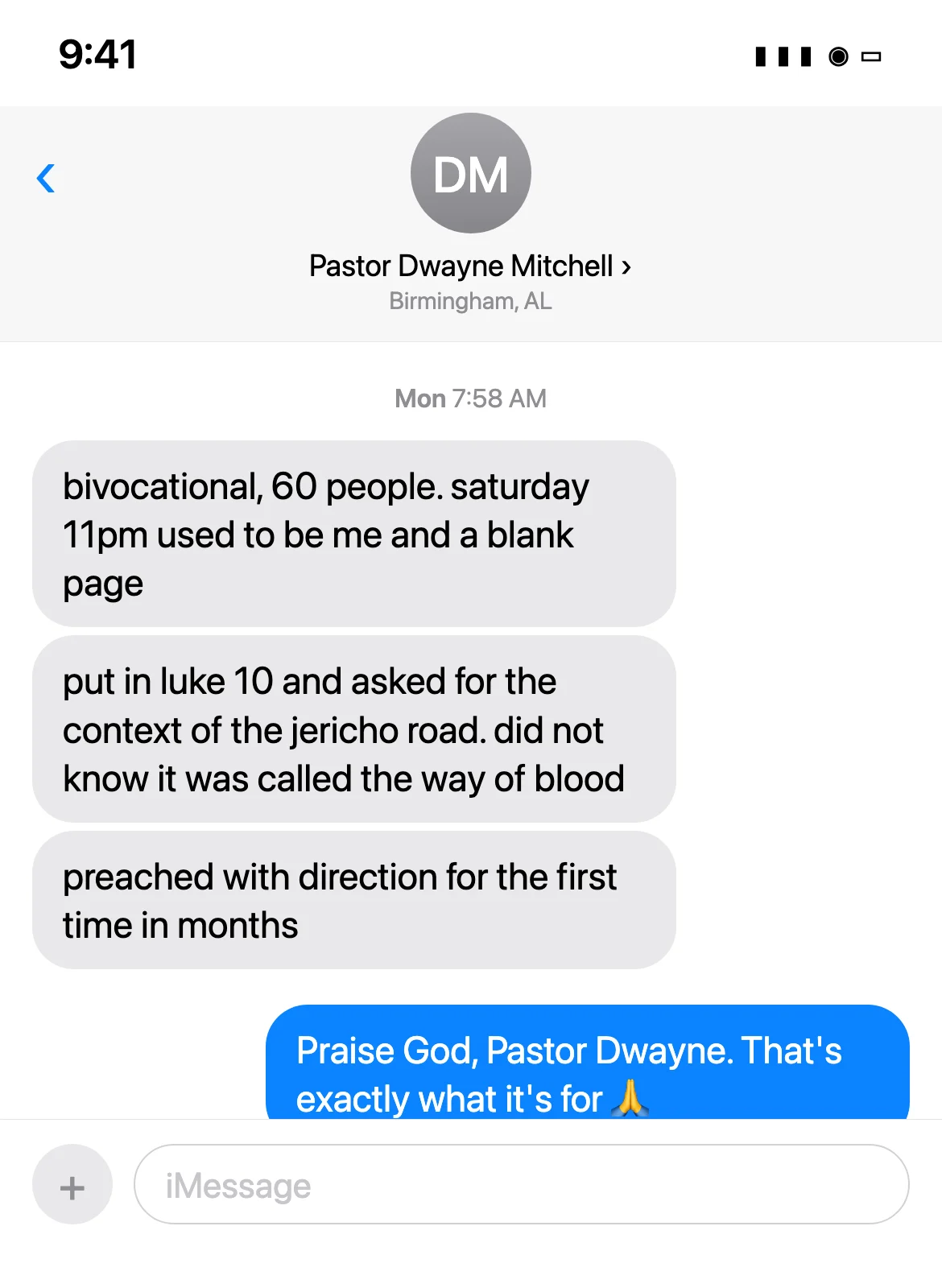 Text message from Pastor Dwayne Mitchell, Birmingham, AL