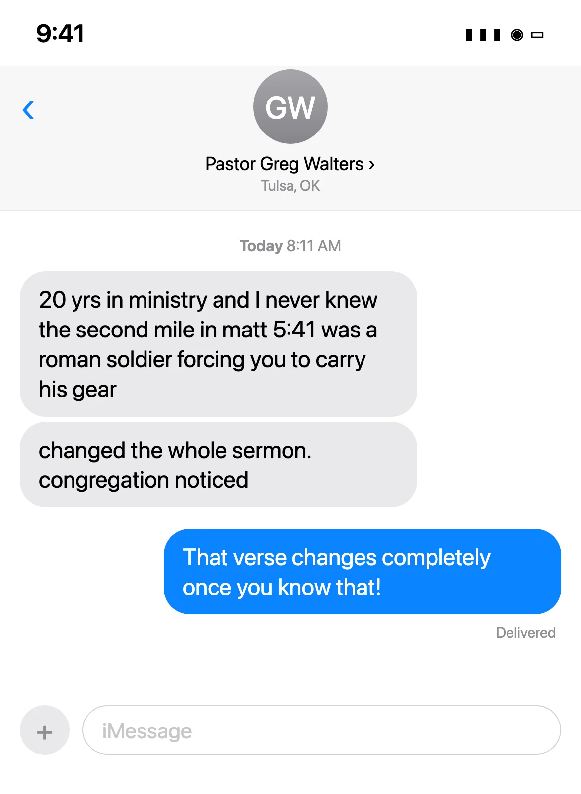 Text message from Pastor Greg Walters, Tulsa, OK