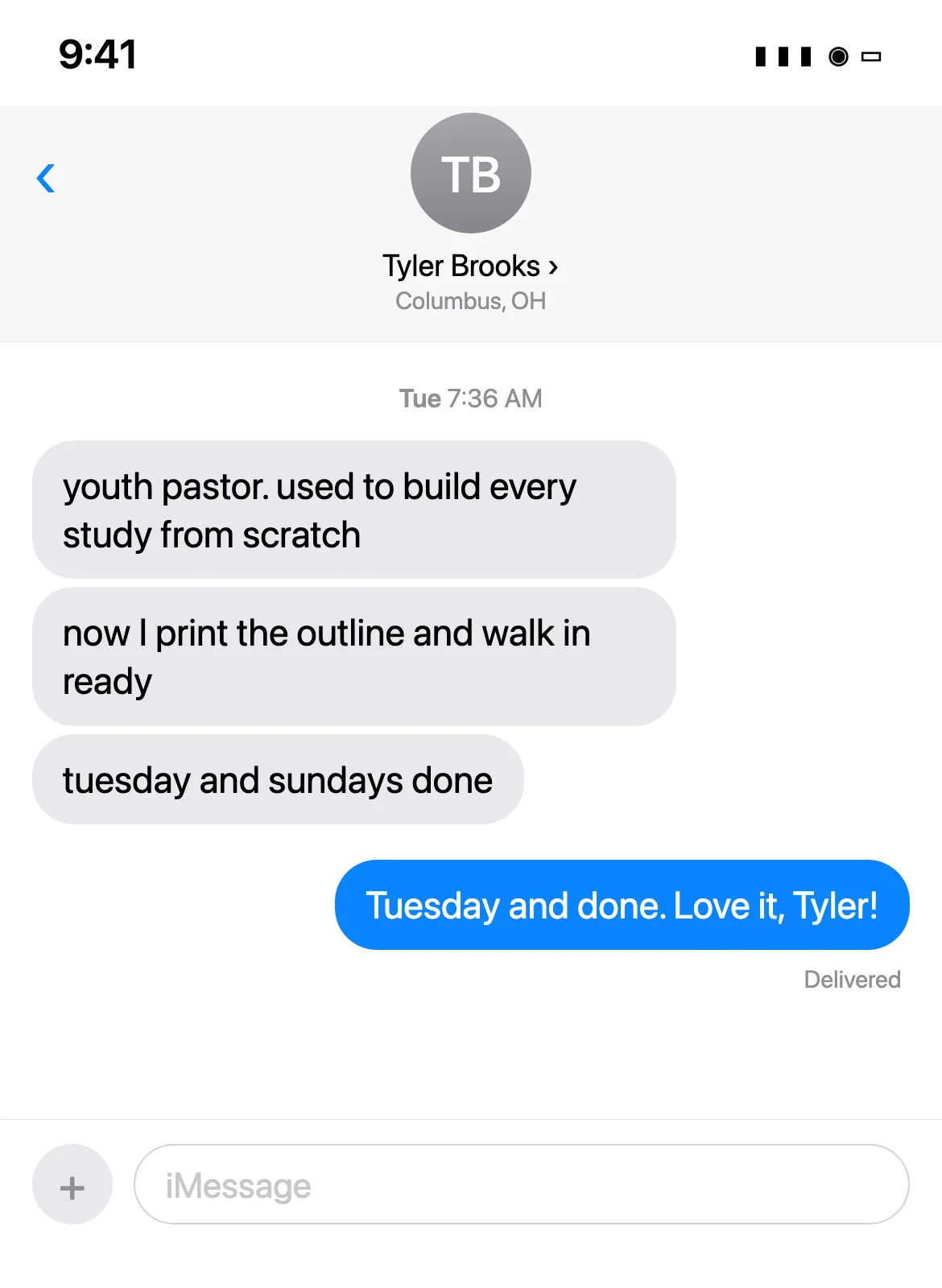 Text message from Tyler Brooks, Columbus, OH